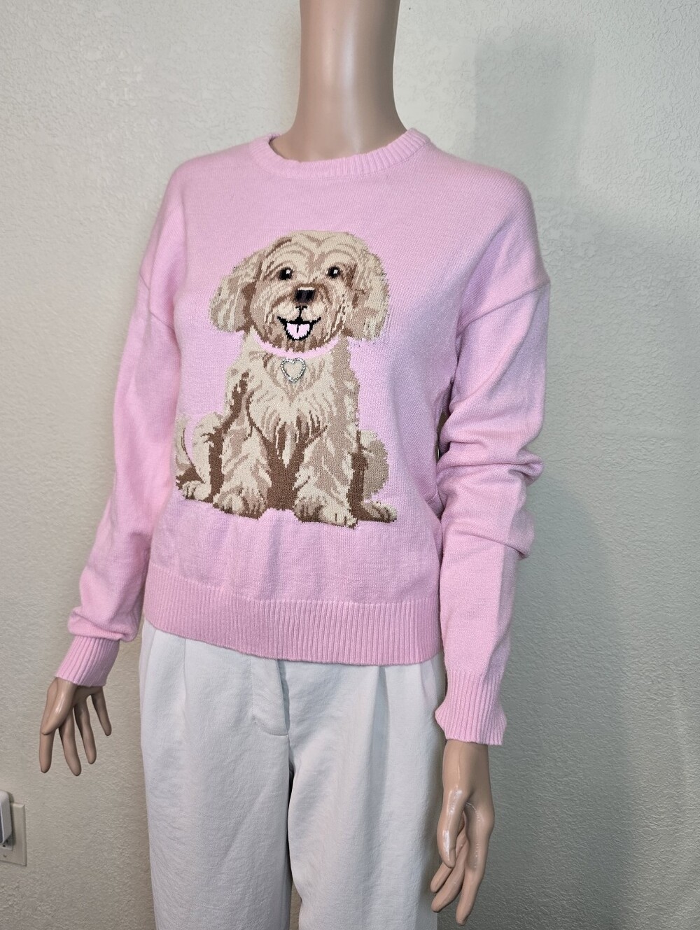 Derek Heart Pink Doodle Poodle Puppy Dog Sweater Size Medium Women’s Crewneck - Picture 3 of 16